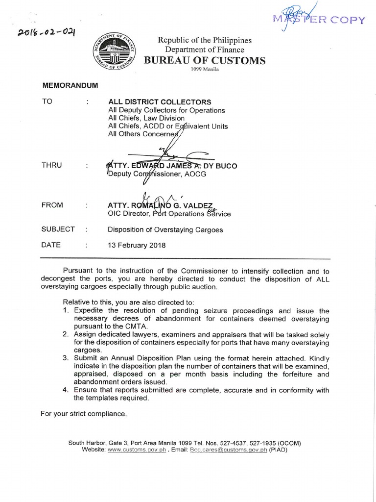 Bureau of Customs Mem-2018-02-021 - Disposition of Overstaying Cargoes ...