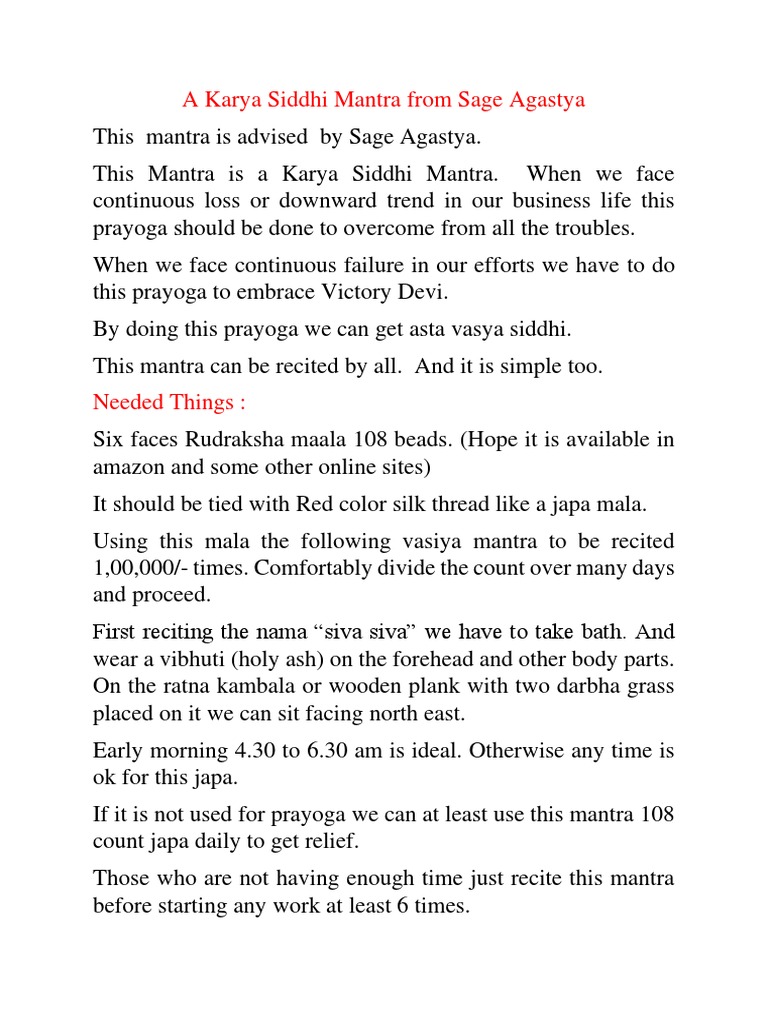 Karya Siddhi Mantra by Sage Agastya | PDF