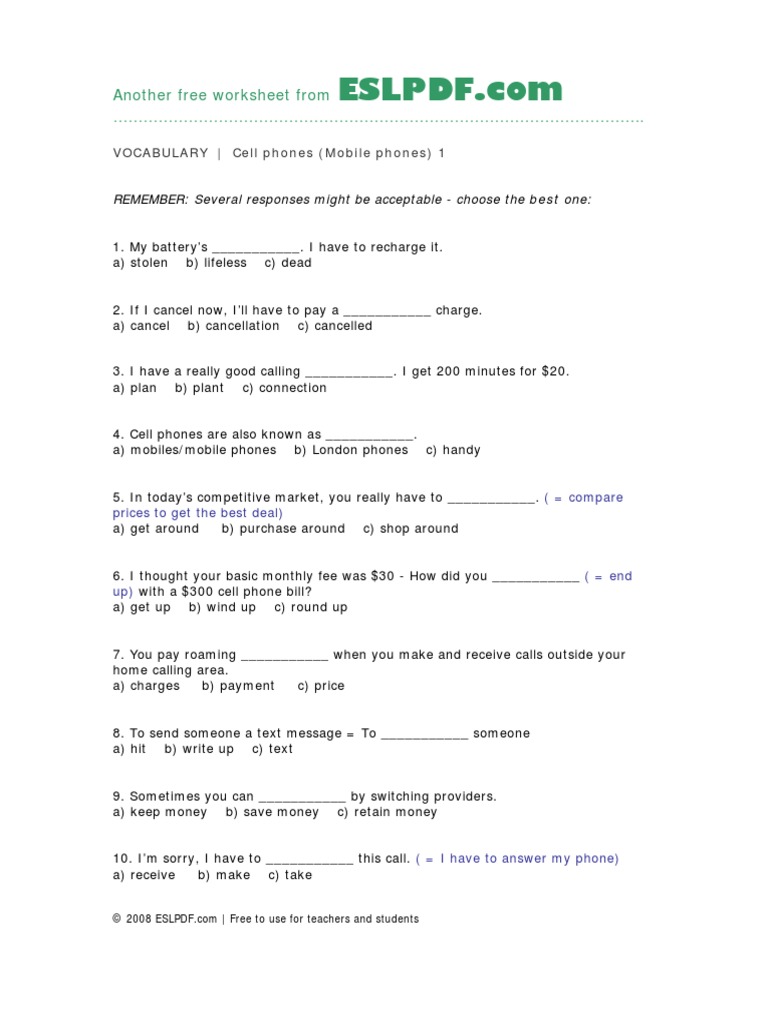 Another Free Worksheet From | PDF | Text Messaging | Mobile Phones