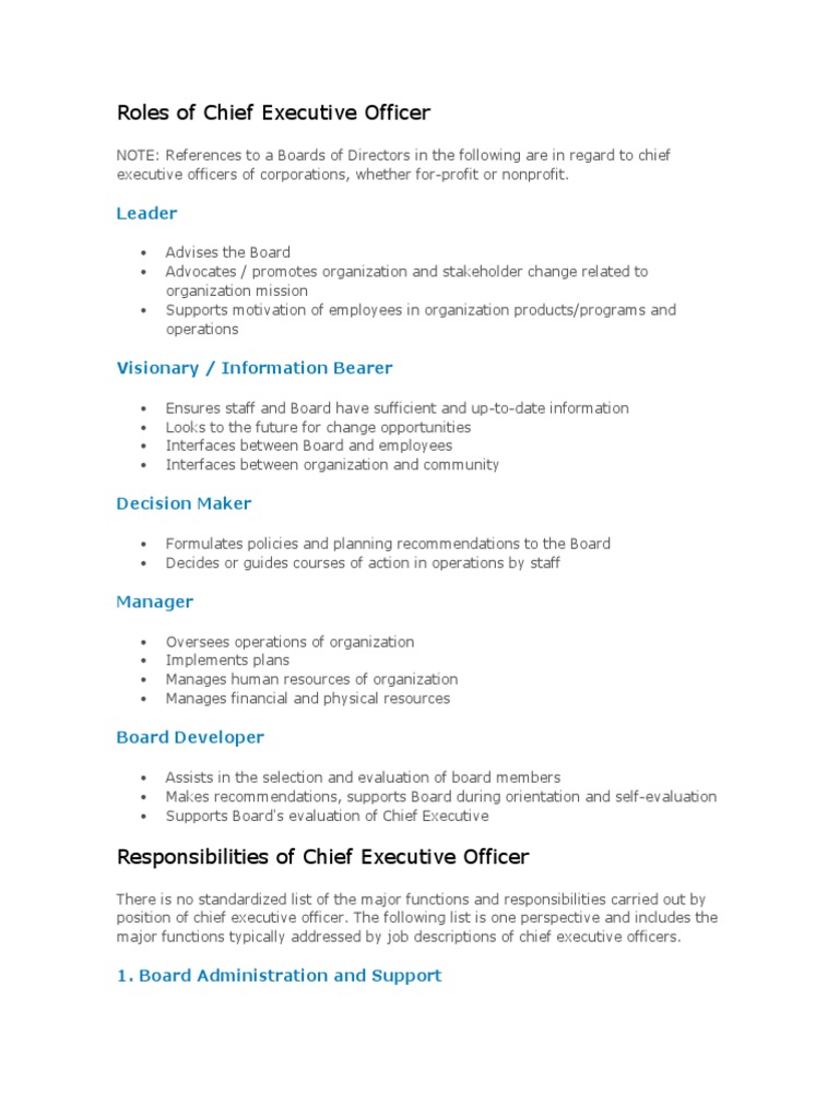 CEO Roles and Responsibilities Overview | PDF | Chief Executive Officer ...