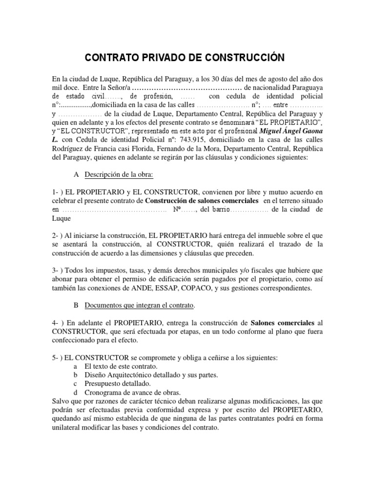 Contrato Privado De Construcción Modelo Presupuesto Pagos