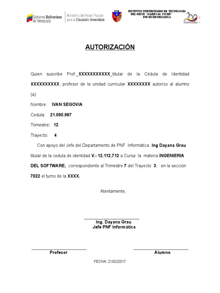 Formato de Autorización Informatica (2017) | PDF