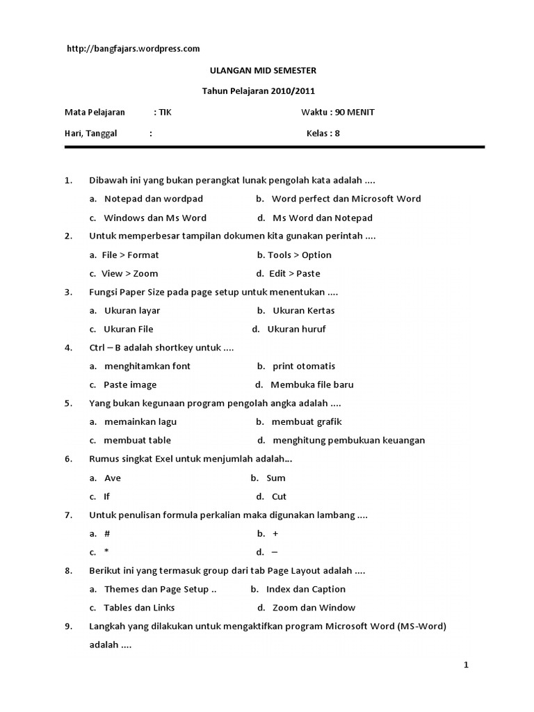 Soal Tik Perangkat Lunak Pengolah Angka Kls 8 Jawabanku Id