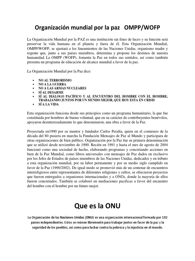 Organización Mundial por la Paz: OMPP/WOFP | PDF | Naciones Unidas ...
