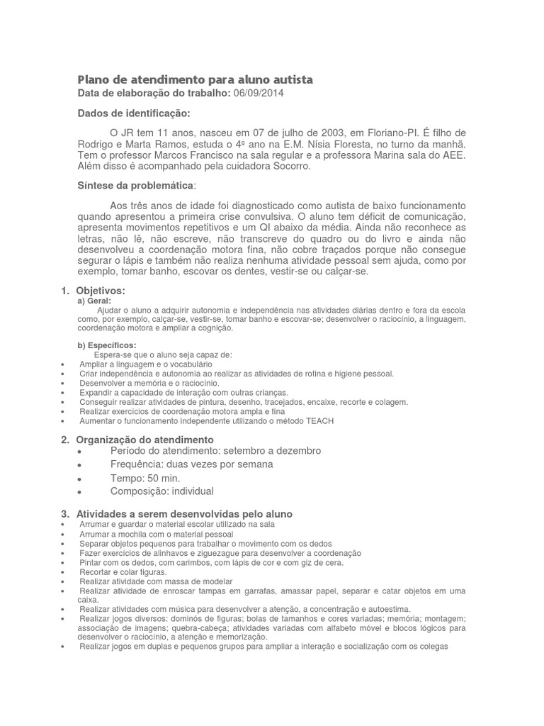 Plano de Atendimento para Aluno Autista | PDF | Autismo | Cognição