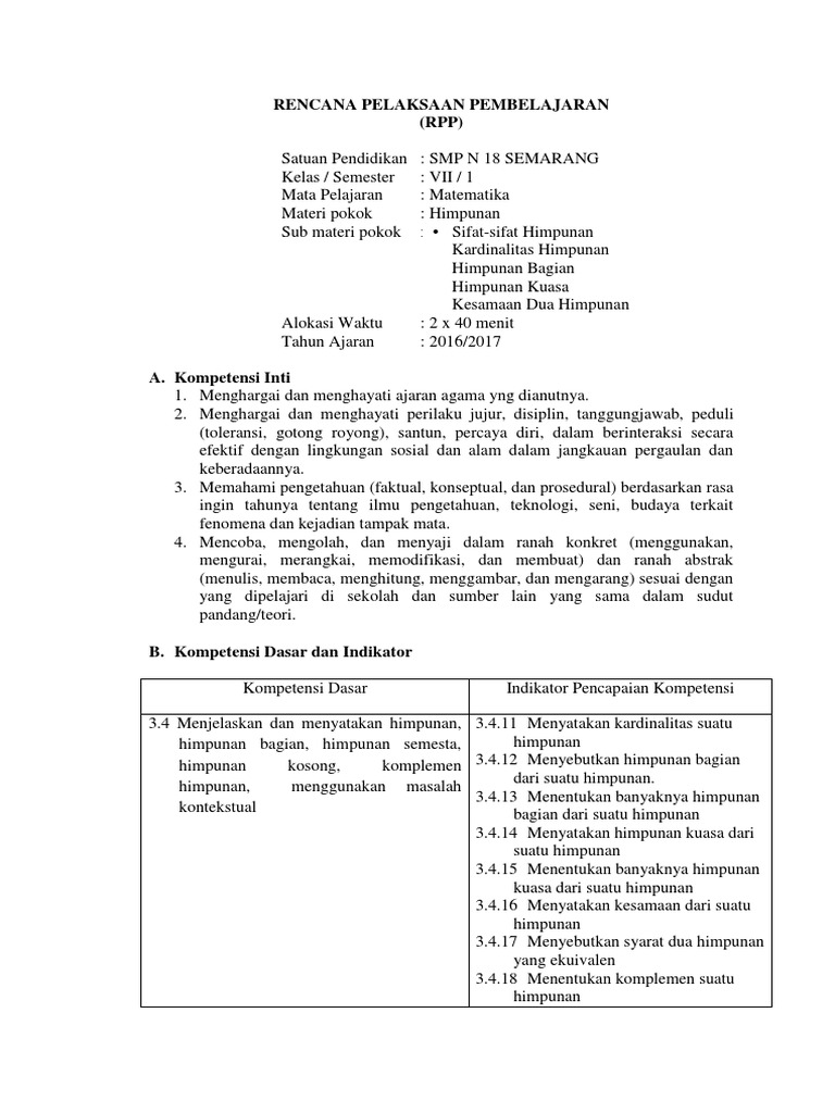 Rpp Sifat Sifat Himpunan Kelas 7