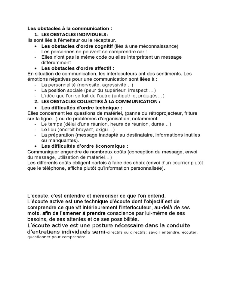 Obstacles à la communication interpersonnelle | PDF | Évolution de carrière