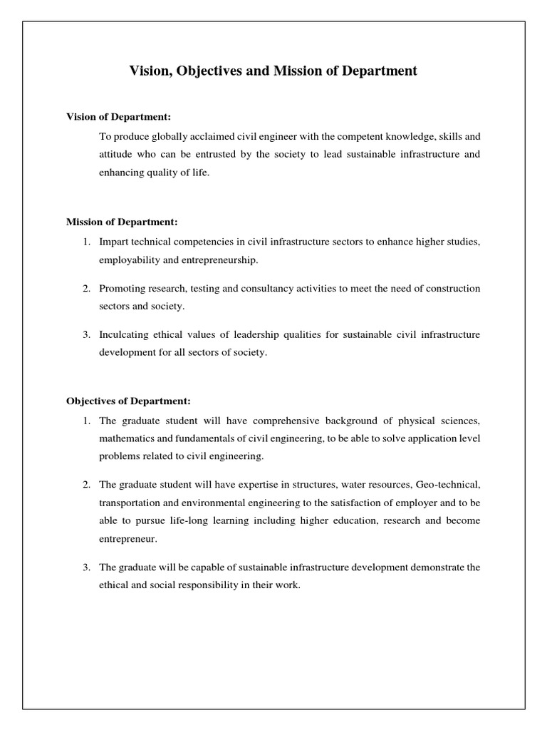 Civil Engineering Department Vision & Mission | PDF