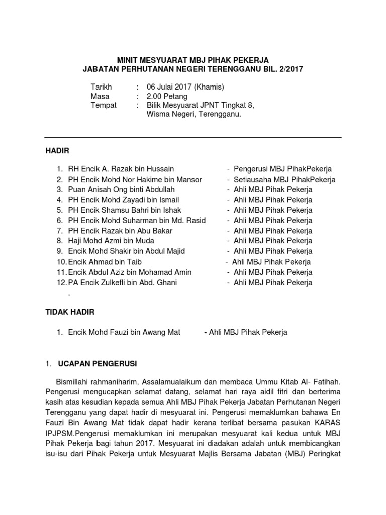 Minit Mesyuarat Mbj Pihak Pekerja