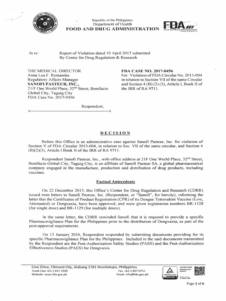 FDA Fine To Sanofi For Failure of Requirements | PDF
