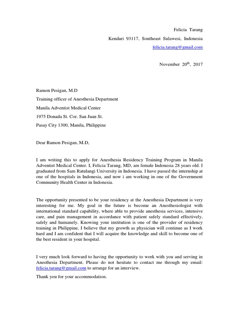 Anesthesia Residency Application Letter | PDF | Career & Growth | Self ...