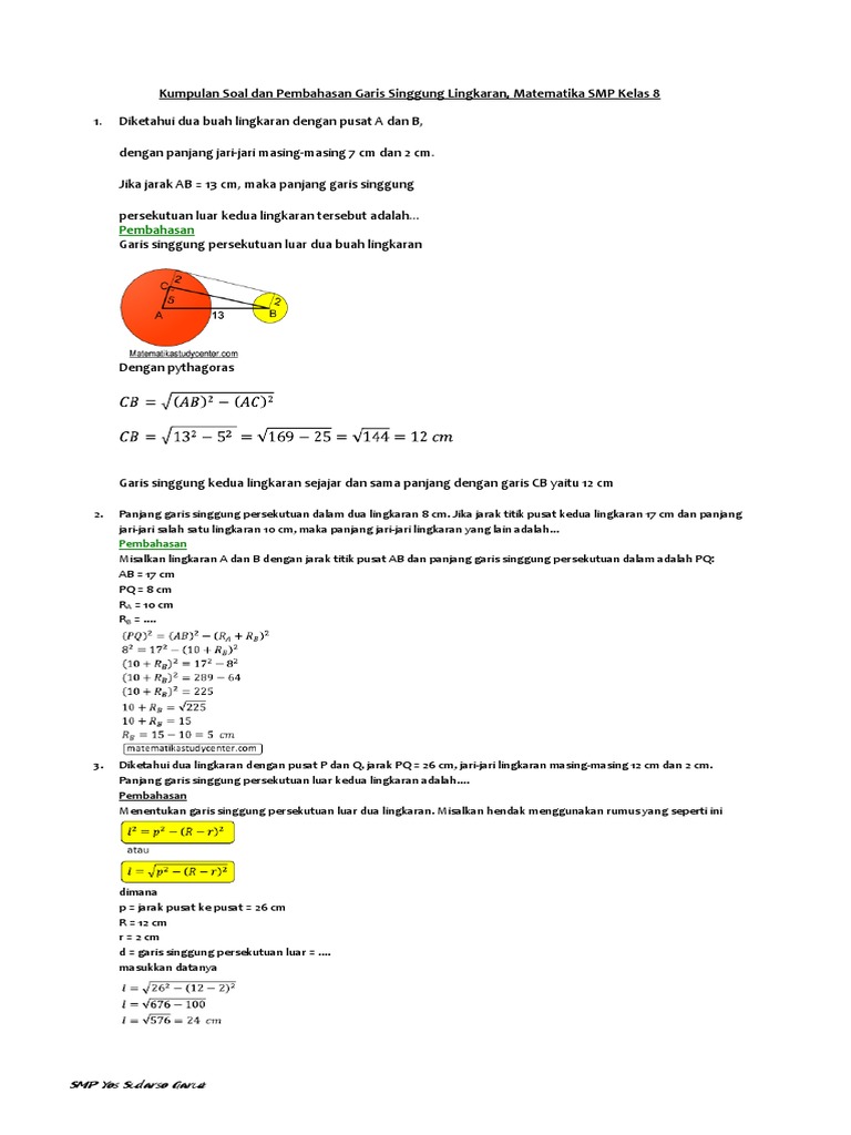Kumpulan Soal Dan Pembahasan Garis Singgung Lingkaran