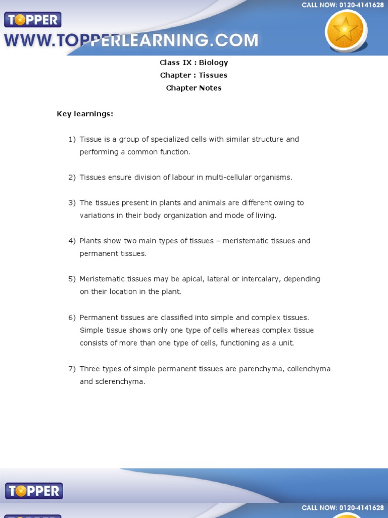 Tissues Chapter Notes | Tissue (Biology) | Epithelium