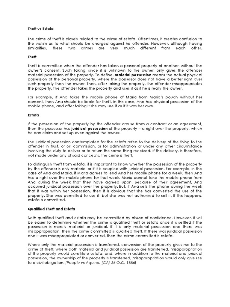 Theft Vs Estafa | Download Free PDF | Theft | Conversion (Law)