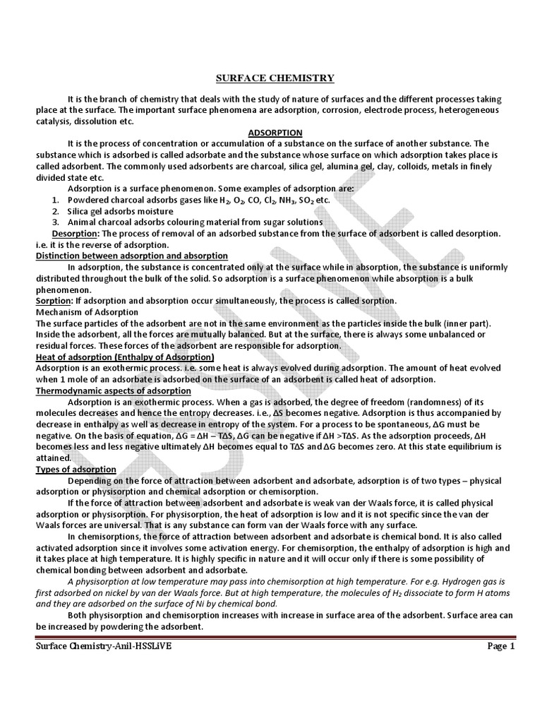 Surface Chemistry and Adsorption Principles | PDF | Adsorption | Catalysis