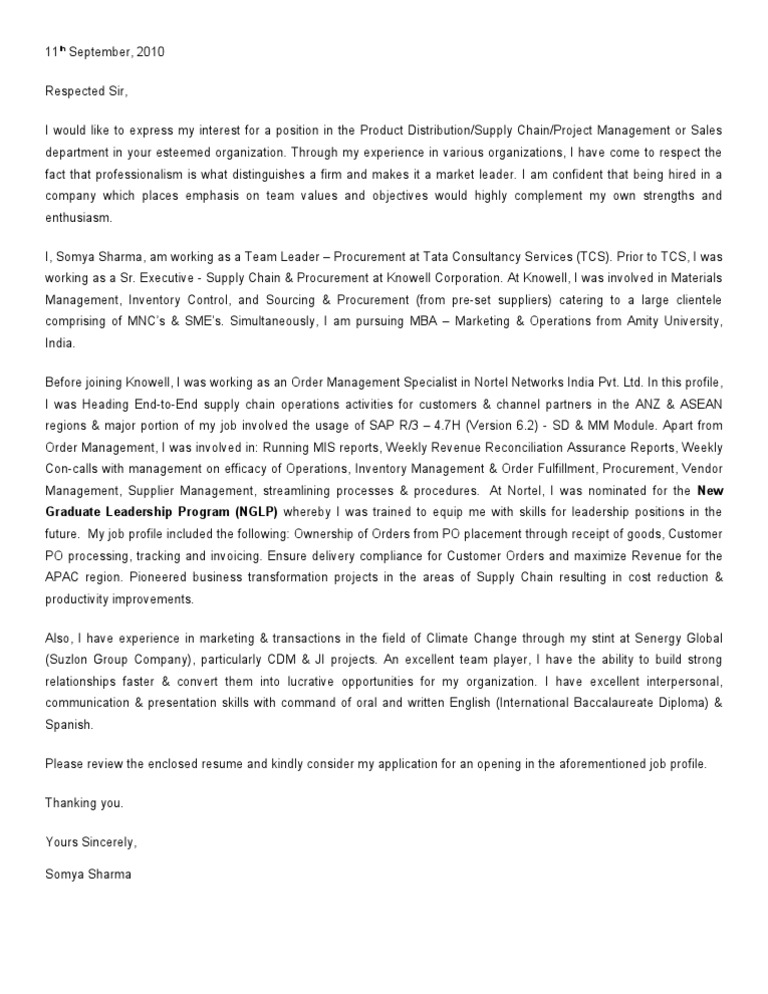 Cover Letter | Supply Chain | Leadership