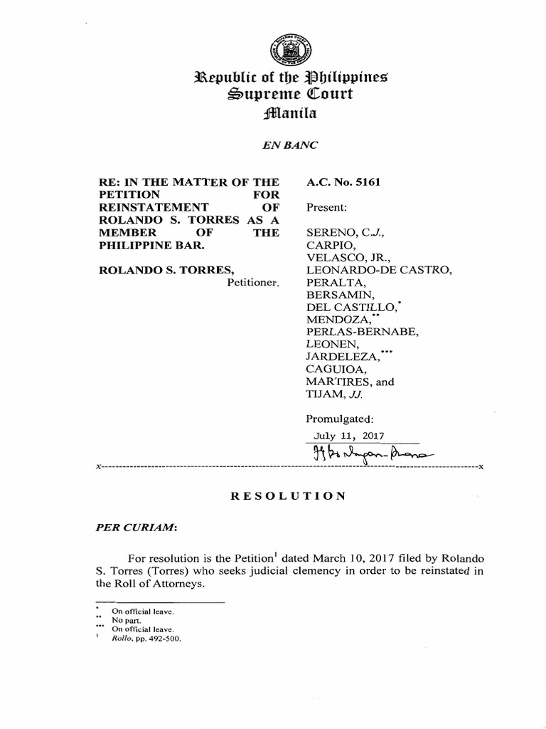 Petition for Reinstatement of Rolando Torres | PDF | Disbarment | Judge