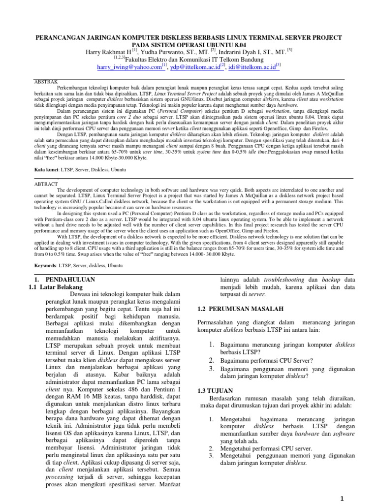 Perancangan Jaringan Komputer Diskless Berbasis Linux Terminal Server