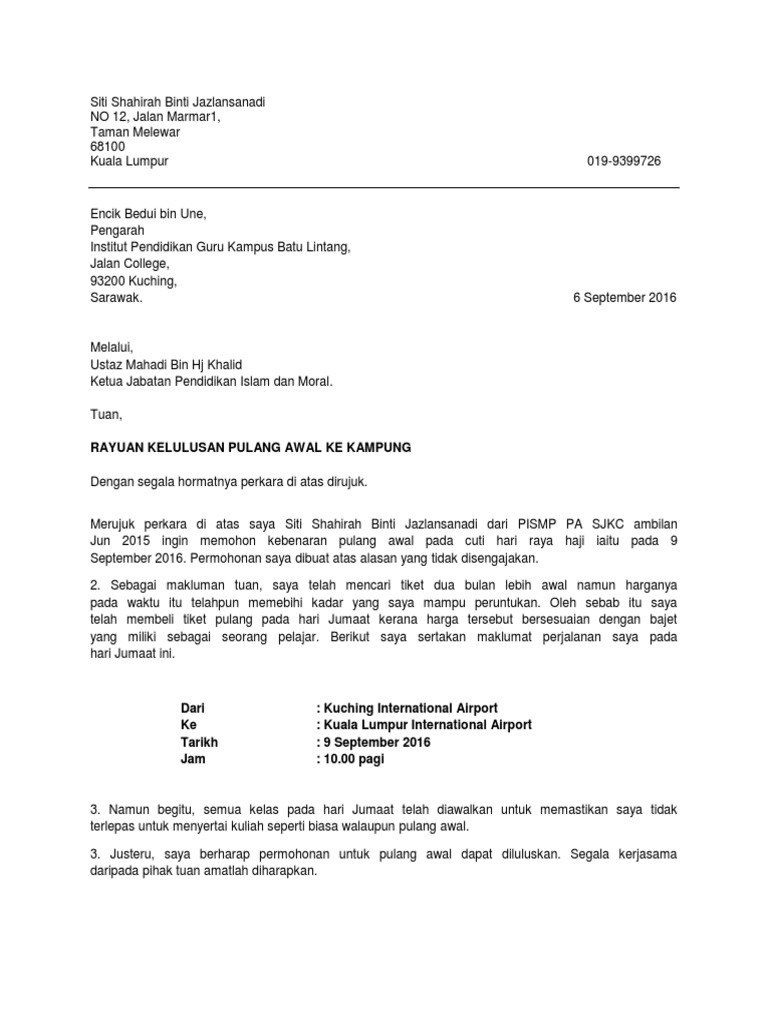 Surat Balik Awal Pdf