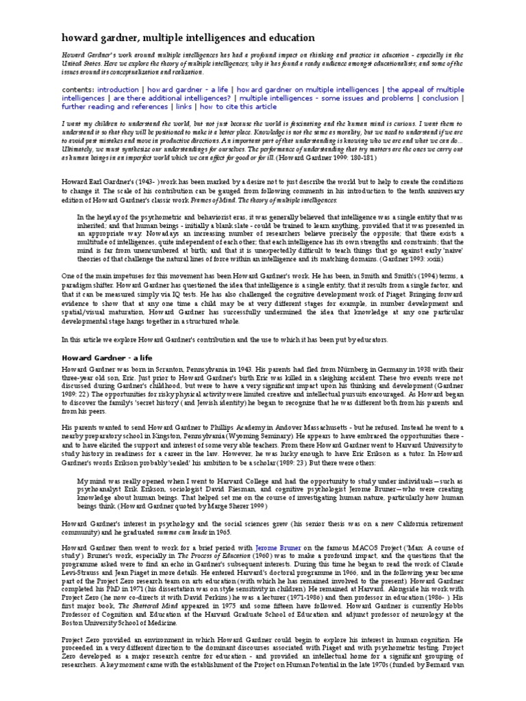 Howard Gardner's Multiple Intelligences Explained | PDF | Intelligence ...