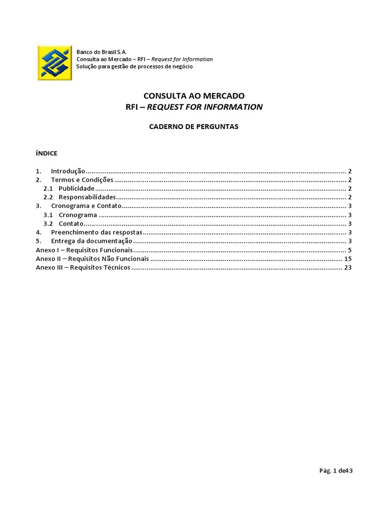 Exemplo RFI Banco Do Brasil | PDF | Processo de negócios | Business