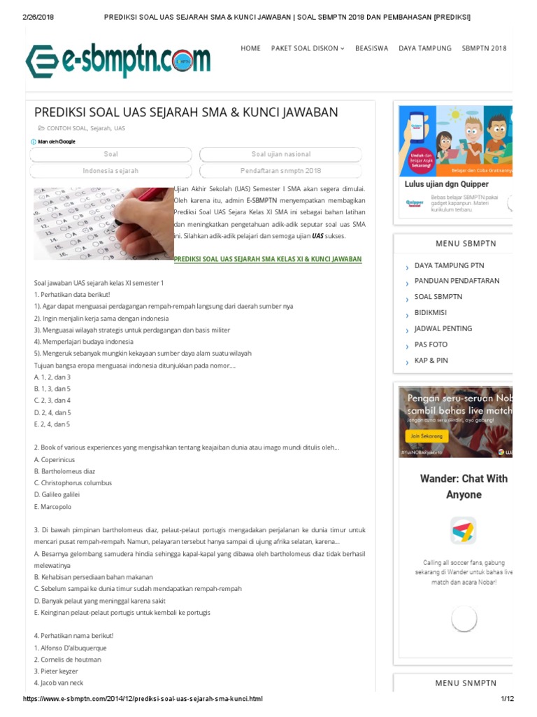 Prediksi Soal Uas Sejarah Sma &amp; Kunci Jawaban Soal