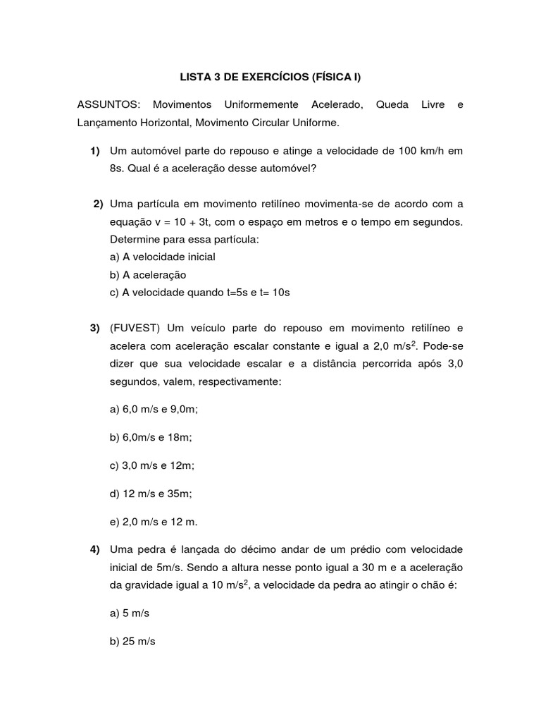 Exercícios de Movimento em Física I | PDF | Velocidade | Gravidade