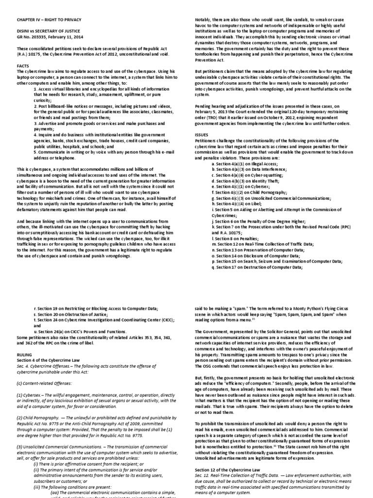 Chapter iv right to privacy disini vs secretary of justice gr no