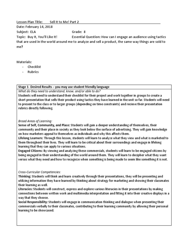 lesson plan 3 sell it to me part 2 Educational Assessment Lesson Plan