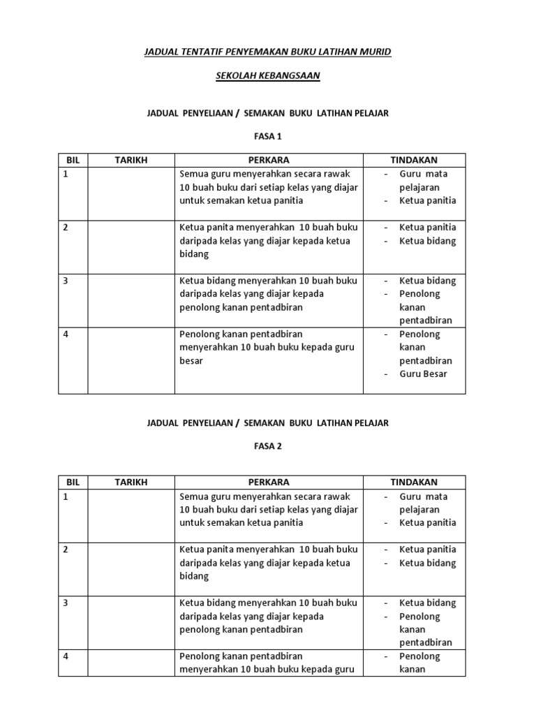 Jadual Semakan Buku Latihan Murid