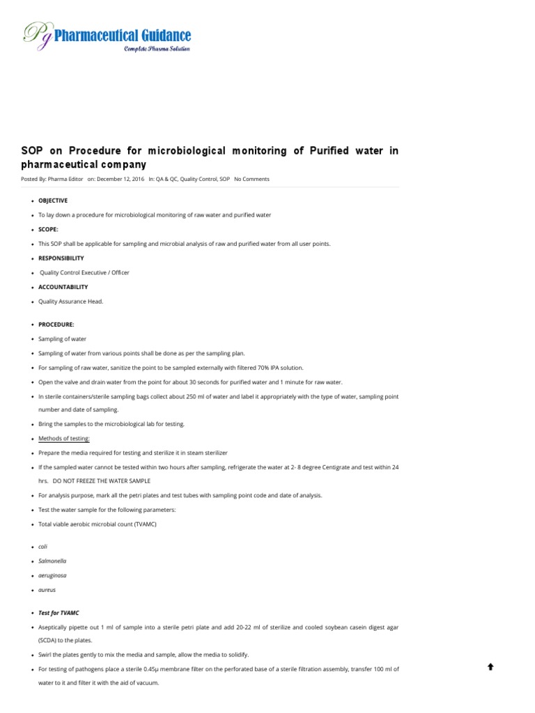 Microbial Monitoring SOP for Water | PDF | Quality Assurance | Microbiology