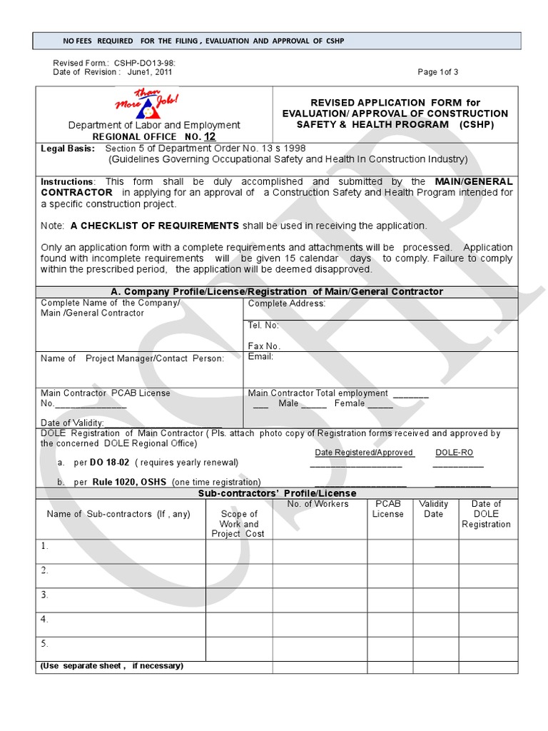 CSHP Compre.-Application Form | PDF | General Contractor | Occupational ...