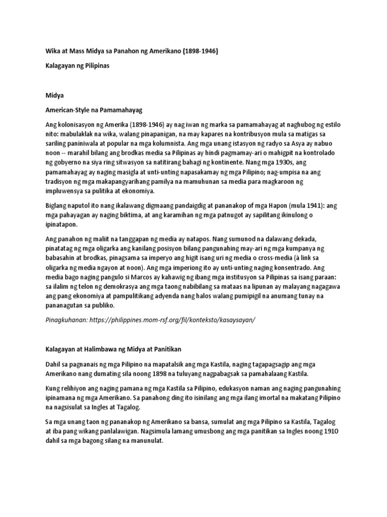 Wika At Mass Midya Sa Panahon Ng Amerikano