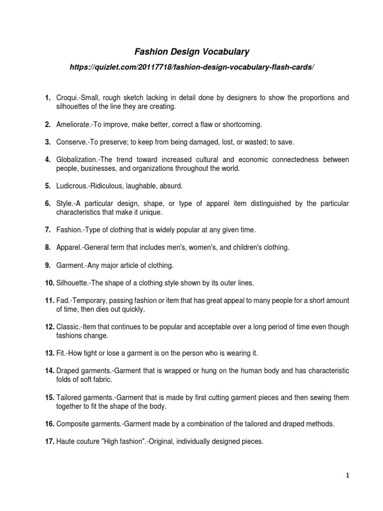 Fashion Design Vocabulary PDF Fashion Design Clothing