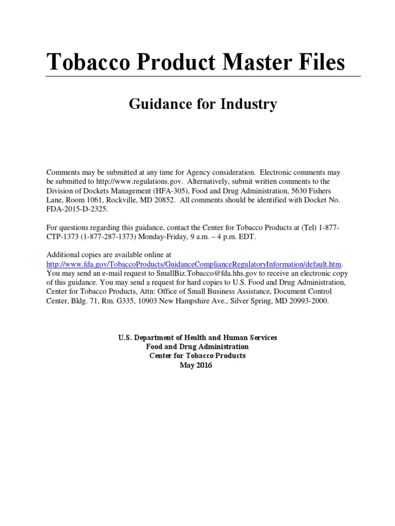 Guidance For Industry Tobacco Product Master Files PDF PDF Food And
