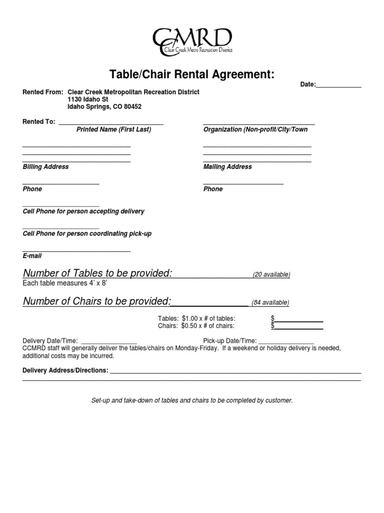 Table and Chair Rental Agreement | PDF | Indemnity | Renting