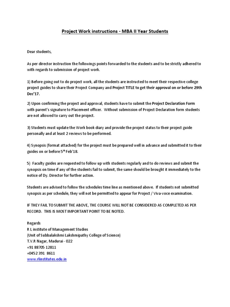 Project Work Instructions - MBA II Year Students: WWW - Rlinstitutes ...
