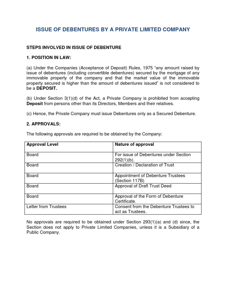 Issue of Debentures by A PVT LTD Company PDF Mortgage Law Deed