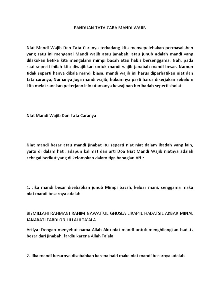 Doa Mandi Wajib Haid Dan Keluar Mani