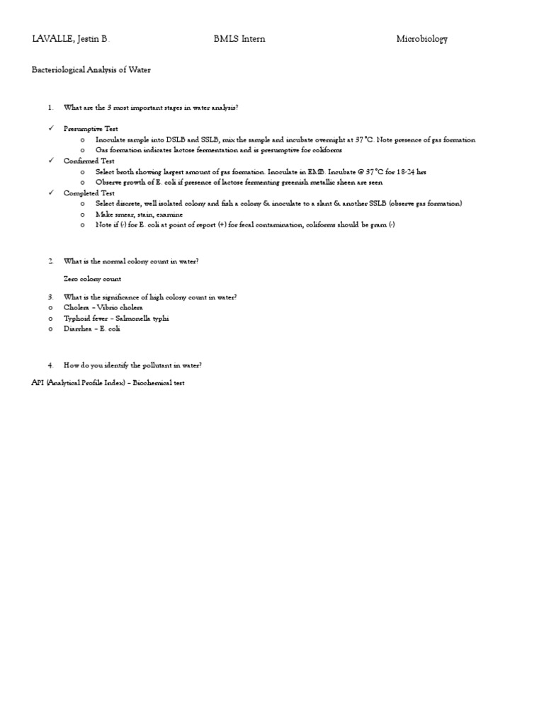 Bacteriological Analysis of Water PDF