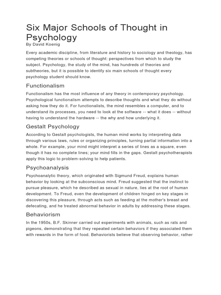 Six Major Schools of Thought in Psychology PDF Thought Psychology