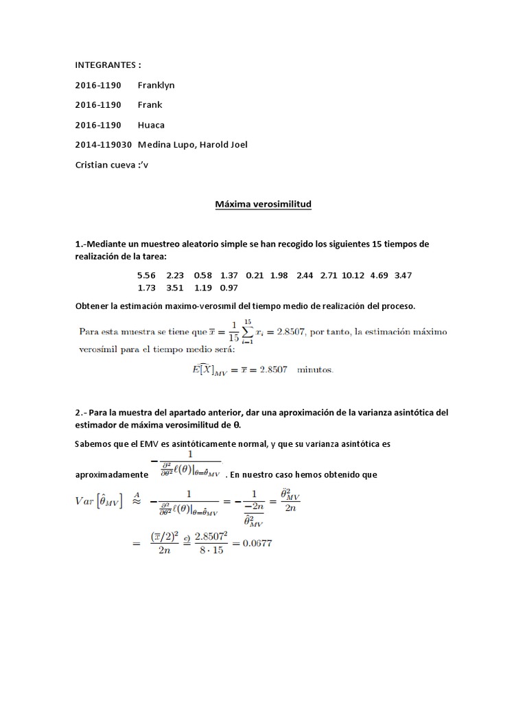 Máxima Verosimilitud PDF Análisis Teoría estadística