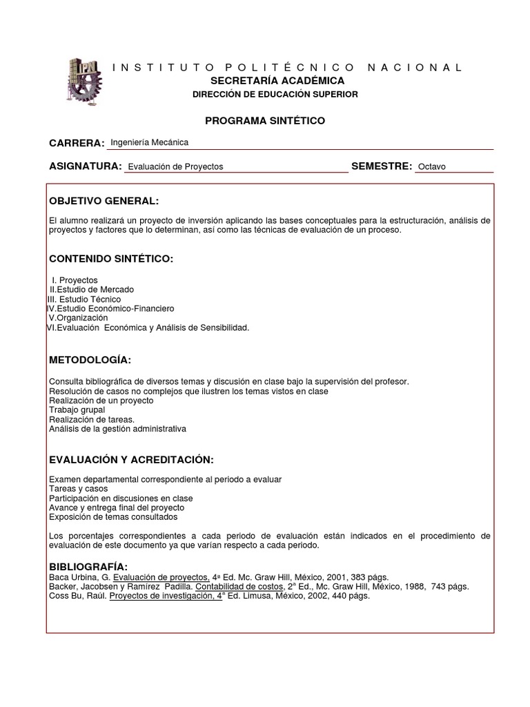 Programa de Evaluación de Proyectos | PDF | Plan de estudios | Prueba ...