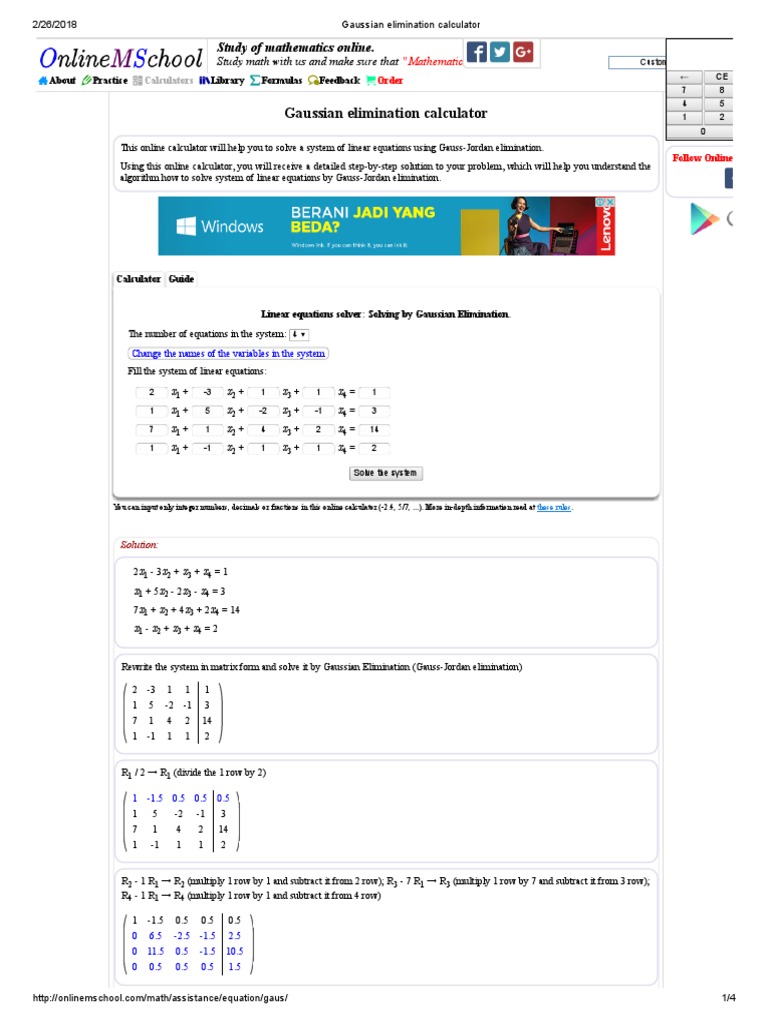 Gaussian Elimination Calculator System Of Linear Equations