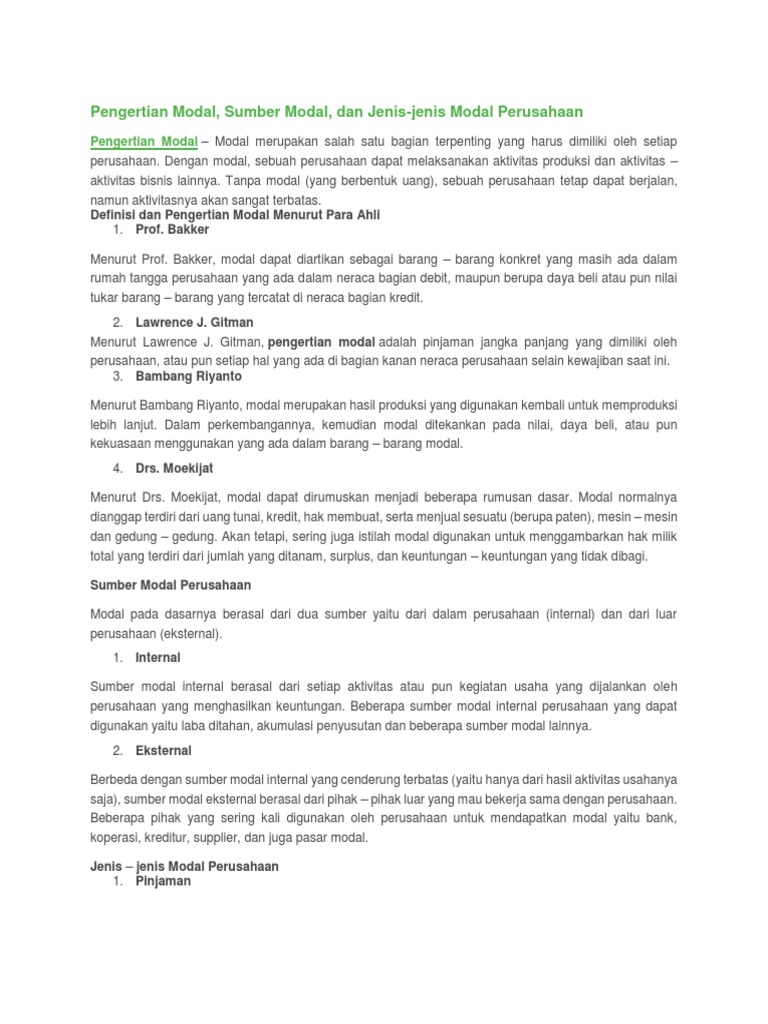 Pengertian Modal | PDF | Bisnis | Pengelolaan Keuangan & Uang