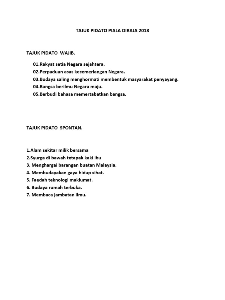 Tajuk Pidato Piala Diraja 2018 Pdf