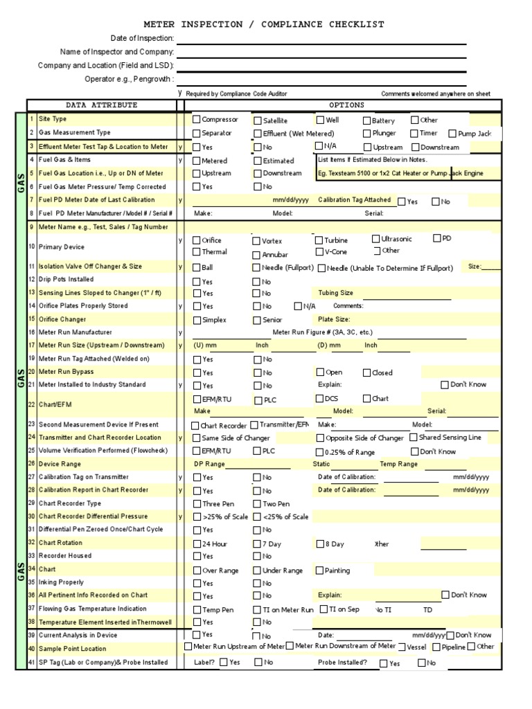 Meter Inspection Compliance Checklist | PDF | Valve | Calibration