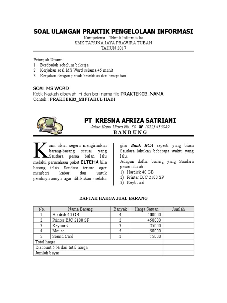 Contoh Soal Uji Praktik Word