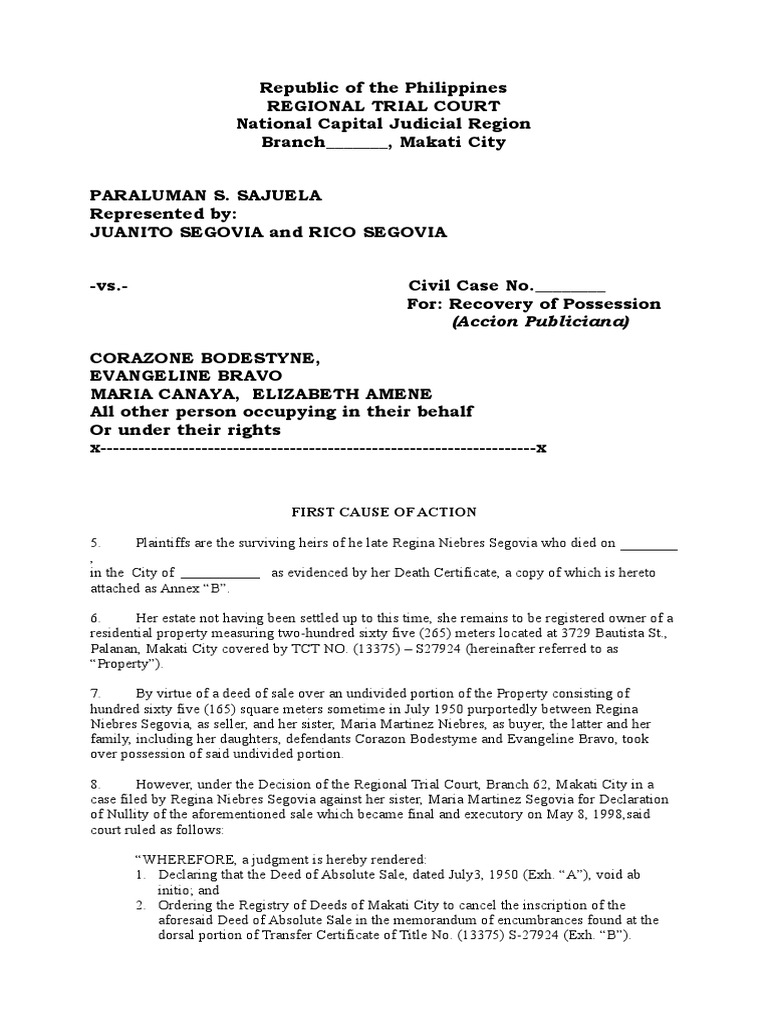 Complaint For Recovery of Possession Draft PDF Lawsuit Damages