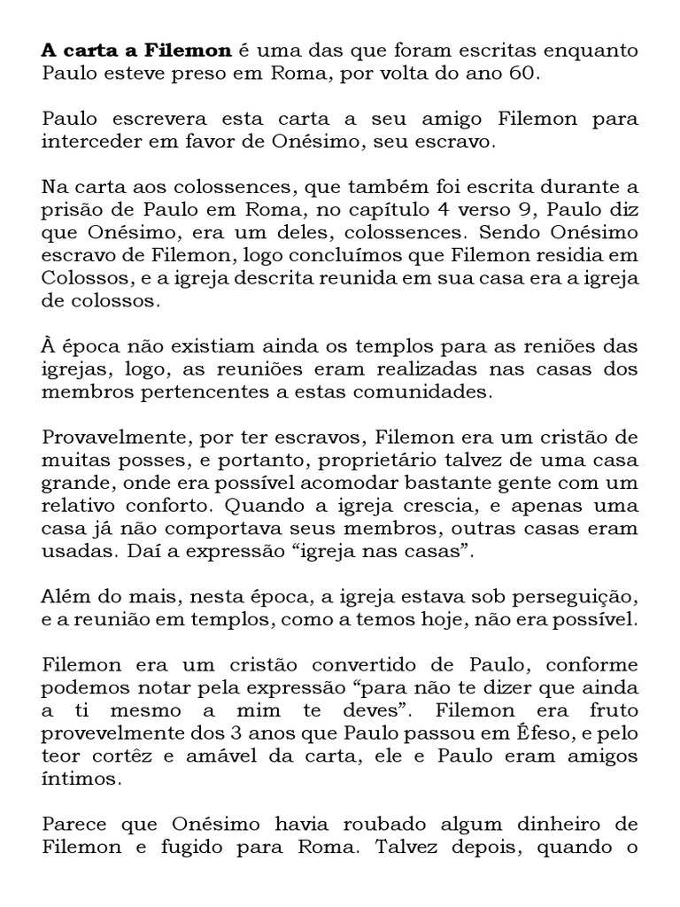 Carta de Paulo a Filemon sobre Onésimo | PDF | Apóstolo Paulo | Escravidão